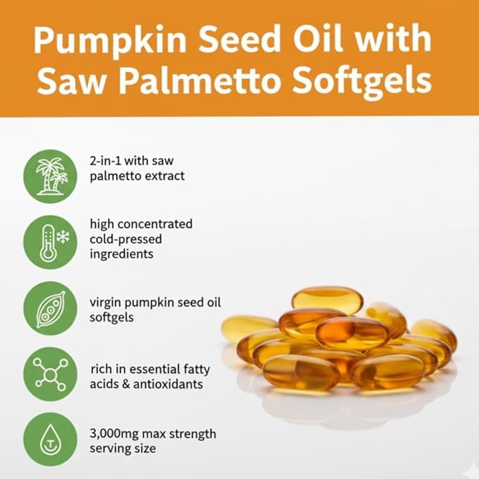 Cures For Life Pumpkin Seed Oil with Saw Palmetto – 3000mg Per Serving, 300 Softgels | Cold Pressed Virgin Oil | Supports Prostate, Bladder, Urinary & Hair Health | Non-GMO