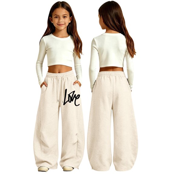 SJLDQY Sweatpants for Girls Trendy Letter Graphic Casual Wide Leg Pants Drawstring Waist Pants with Pockets