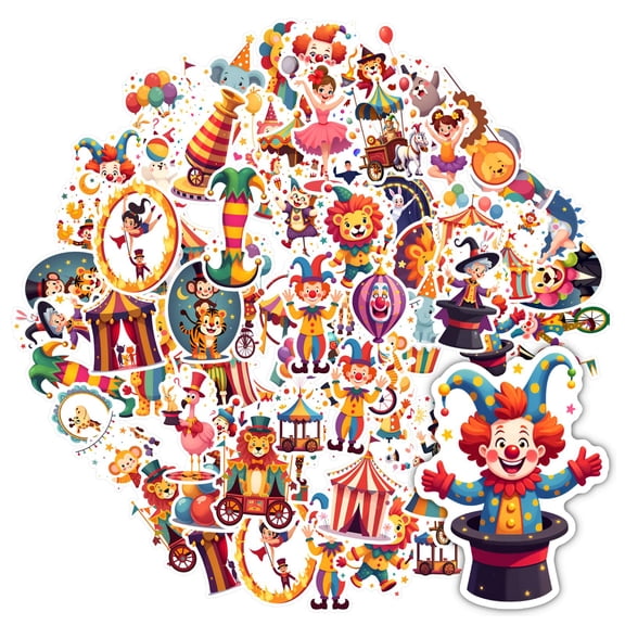 35pcs-50pcs Colorful Circus Stickers Fun Cartoon Clown Stickers Animal Stickers for Laptops Cars Guitars