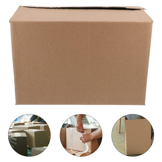 unbranded 5ud cajas de cartón corrugado ecológicas para almacenaje color marrón claro con protección antivibración — Vista frontal centrada de una caja marrón claro montada, silueta rectangular con solapas superiores parcialmente cerradas; textura de cartón corrugado y bordes doblados visibles; tres miniaturas inferiores muestran montaje rápido, sellado con cinta y uso en piso; medidas en ficha 29,50 x 19,50 x 17,50 cm.