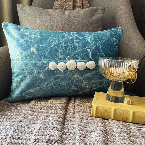 The HomeCentric Designer Teal Blue 12"x20" (30x50 cm) Lumbar Pillow Cover, Suede Marble Print & Solar quartz Gemstone Oblong Pillow, Abstract Pattern Modern Style - Quartz Center Teal