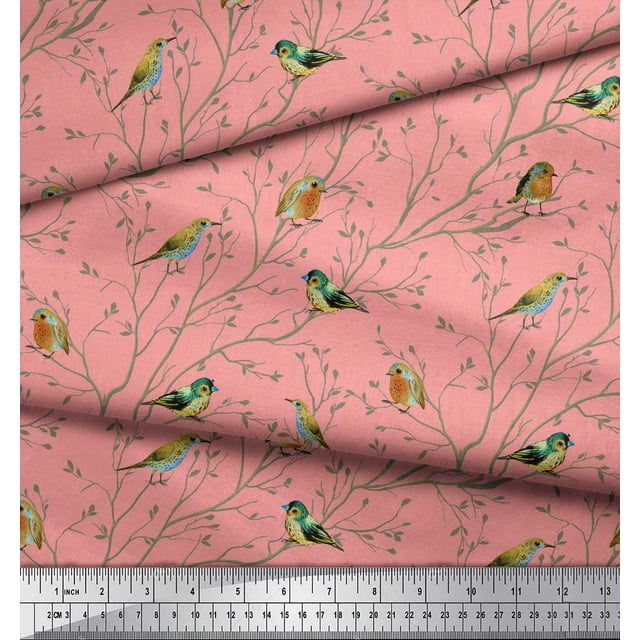 Soimoi Orange polyester Crepe Fabric Leaves & Flowerpecker Bird Decor Fabric Printed Yard 42 Inch Wide