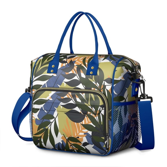Jungle Leaves Large Lunch Tote – Leakproof Insulated Dual Compartment Cooler Bag Adjustable Strap Reusable Lunch Box for Outdoor Use