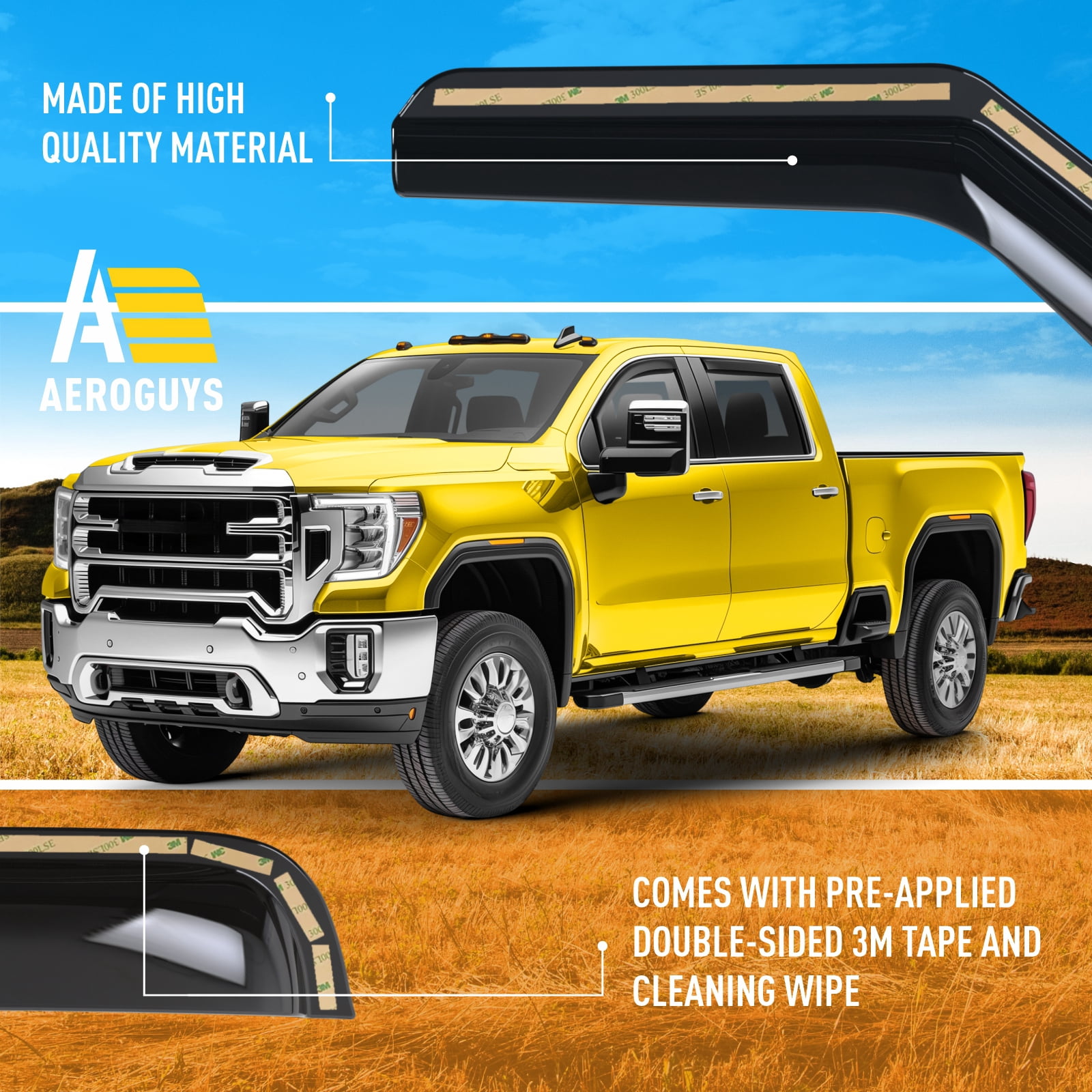 AEROGUYS In-Channel Window Deflectors Extra Durable Window Visors Rain Guards Fit for GMC Sierra 2500HD/3500HD 2020-2026 Crew Cab, Sun Visors, Wind Vent Visors, Car Accessories - 4pcs. AG0204