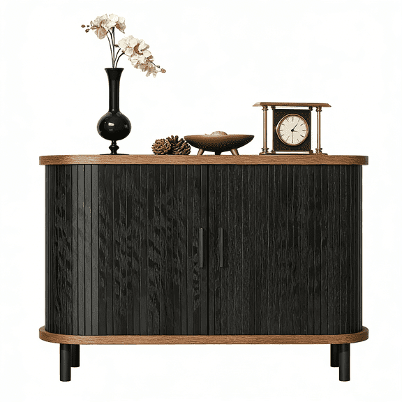 Fluted Sideboard Buffet Cabinet, Black - 31"W Storage Cabinet with Sliding Doors, Coffee Bar for Living Room, Kitchen, Entryway