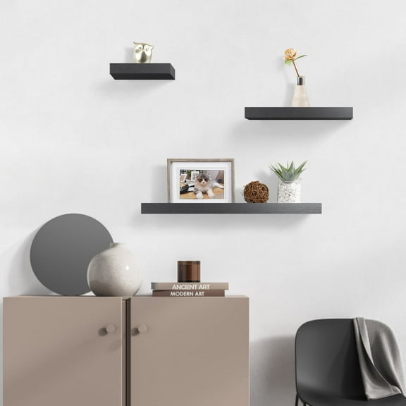 FungYuan 3 PACK Wood Wall Shelfves, Floating Shelves for Wall Mounted for Bathroom Kitchen Bedroom Living Room Office, Black