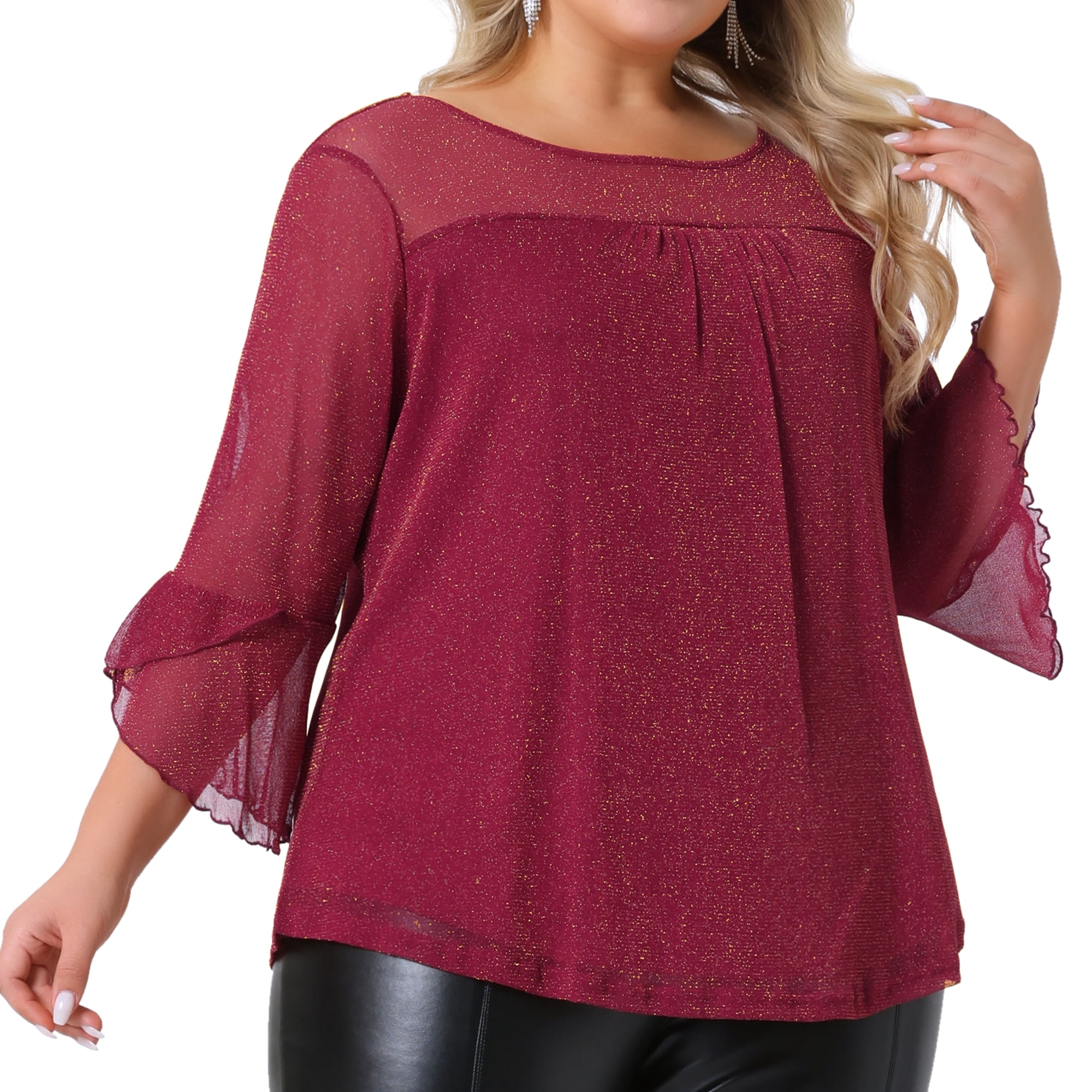 DARING DIVA Women's Plus Ruffle 3/4 Sleeve Elegant Crew Neck Blouse 2X Red