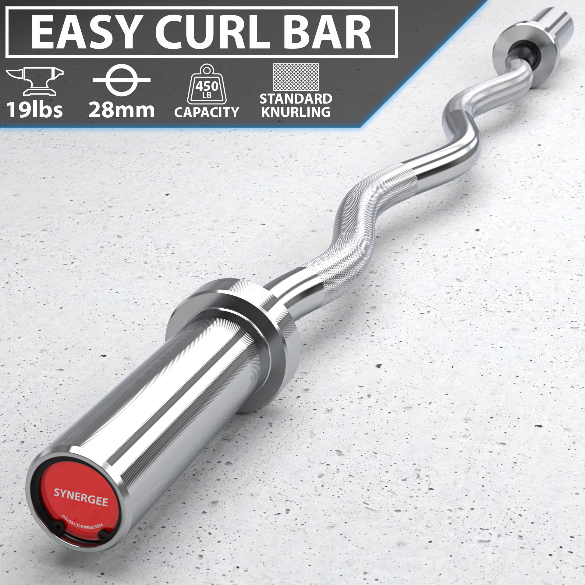 Synergee Commercial Chrome & Black Phosphate Olympic EZ Curl Bar with Powder Coated Brass Bushings