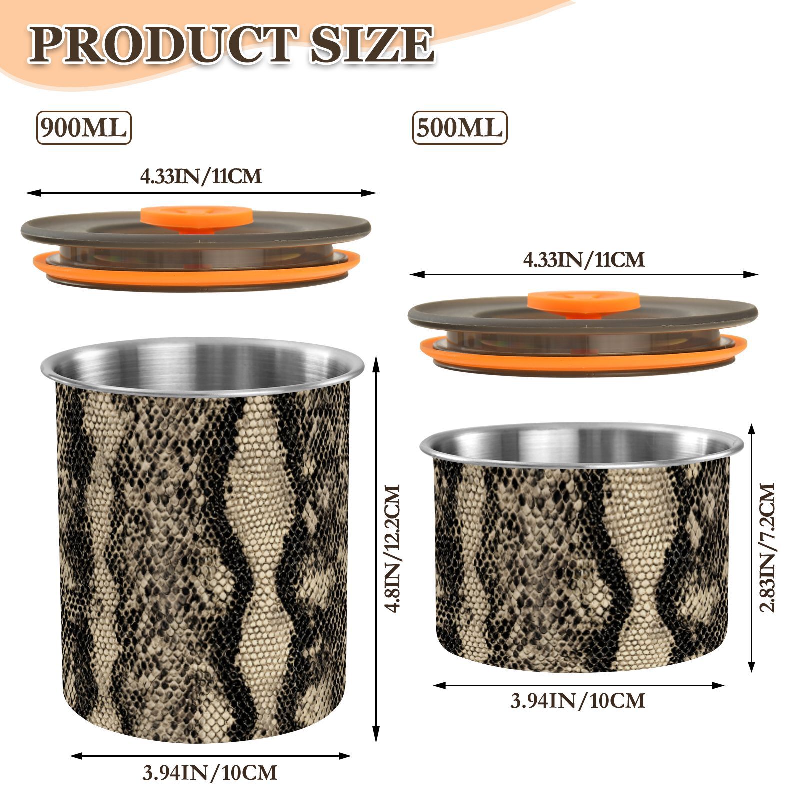 Snake Print Airtight Coffee Bean Canister 30oz Food Storage Containers with Lids For Gournd, Tea, Sugar, Flour, Rice, Cereal, Candy Cookie Jar