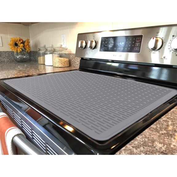 YOSUOPOC Silicone Stove Top Cover Mat for Glass Electric Stoves, 28 x 20 Inch Extra Large Cooktop Protector, Heat Resistant Drying Mat with Raised Edges, Gray