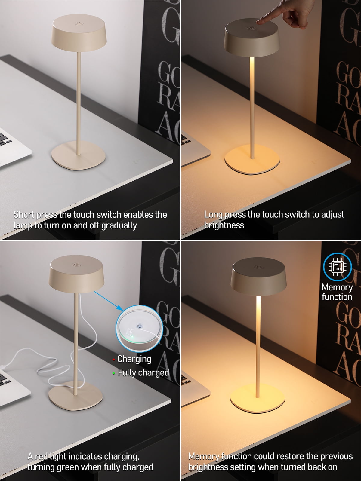 2 Pack Cordless LED Table Lamp, Aluminum Portable Rechargeable Desk Lamp, Dimmable Touch Lamps for Bedroom Living Room Restaurant Patio, Beige