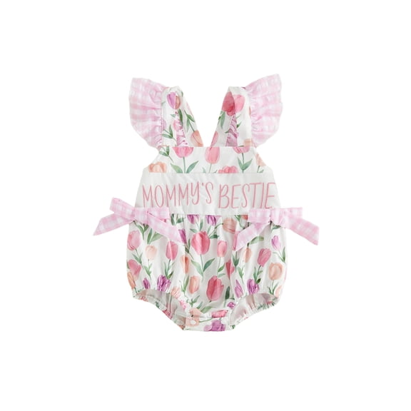 BemeyourBBs Mama's Bestie Baby Girl Summer Clothes Newborn Baby Girl Mommy's Bestie Outfit Tulip Print Romper Letter Embroidery Square Neck Plaid Flying Sleeve Front Bow Bodysuit Jumpsuit Playsuit