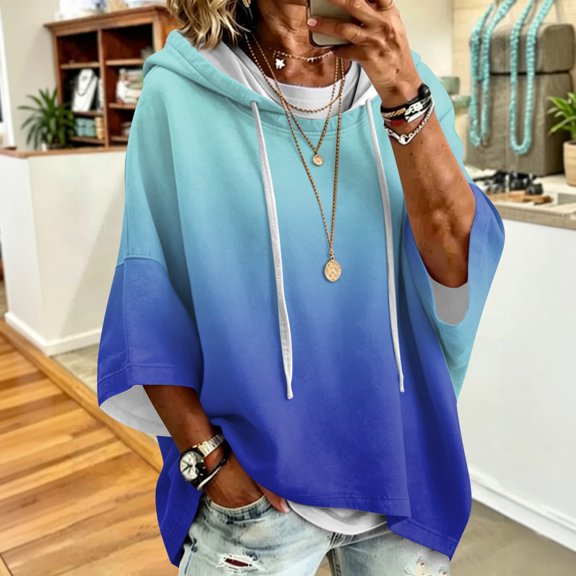 Womens 3/4 Sleeve Hoodies Gradient Printed Pullover Hooded Sweatshirt Oversized Soft Baggy Casual Drawstring Hoodie Fall Winter Workout Outfit