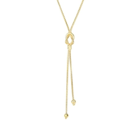 14K Yellow Gold 7.5-1.3mm Shiny+Diamond Cut 2 Bead+Knot On 1.3mm Popcorn Link Fancy Lariat Type Necklace with Lobster Clasp
