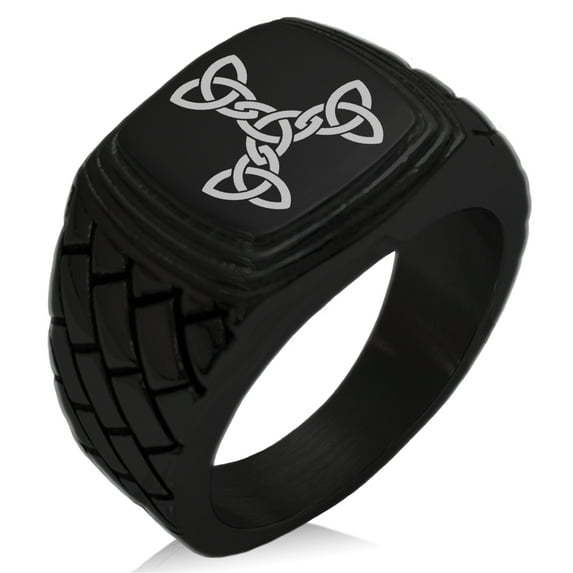 Stainless Steel Celtic Triquetra Interlaced Knot Geometric Pattern Step-Down Biker Style Polished Ring
