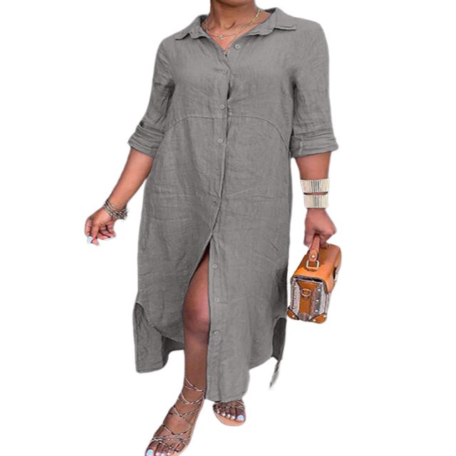 CHOK Robe Chemise Midi en Coton et Lin à Manches Longues pour Femmes