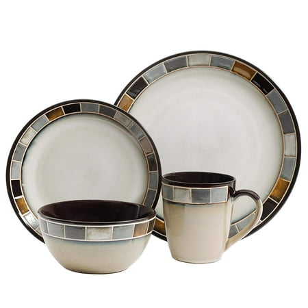 Cream 16 Piece Dinnerware Set - Gibson Elite 114338.16R Casa Gris 16 Piece Reactive Glaze Dinnerware Set, Cream and Grey