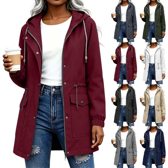 Zip Up Casual Outdoor Jacket for Women Solid Color Mid Length Hooded Drawstring Waterproof Jacket With Snap Button And Zip Closure Elastic Cuffs And Back Cord Casual Outdoor Windbreaker