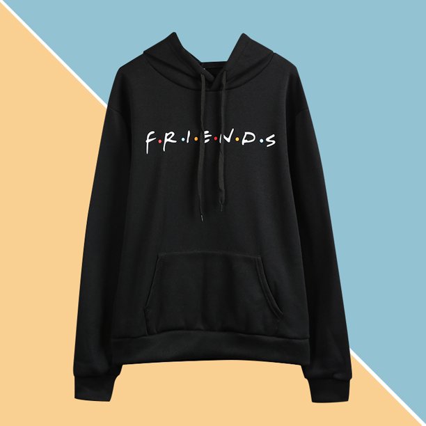 Moda mujer sudadera con capucha amigos carta impresión bolsillo delantero manga larga otoño invierno Abanopi Negro/XXL
