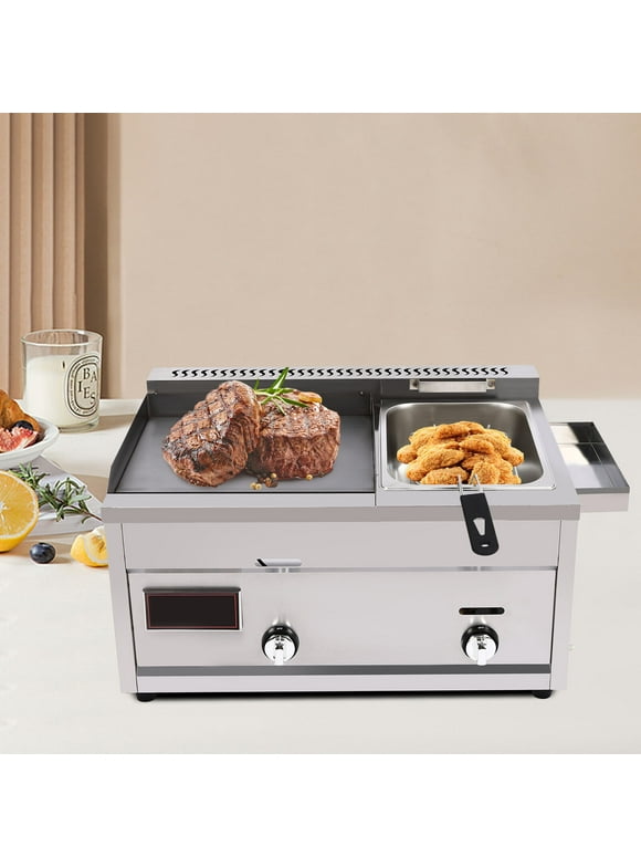 SHZICMY  Commercial Flat Top Gas Propane Griddle Grill BBQ Hot Plate Grill and Deep Fryer