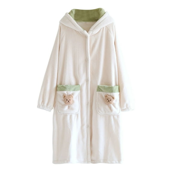 Bovxnpu Robes for Women, Womens robe Winter Soft V Neck Long Sleeve Button Front Cardigan Pocketed Bathrobe Loungewear Robe Nightgown Loungewear Sleepwear