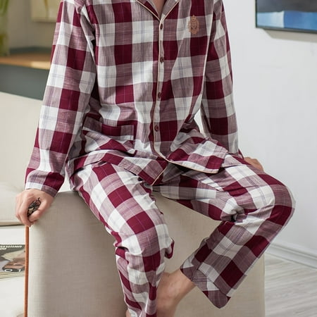 

Men‘s Cotton Soft Comfortable Plaid Pajama Sets With Pocket Button Long Sleeve Top & Pants Men‘s Sleepwear Loungewear