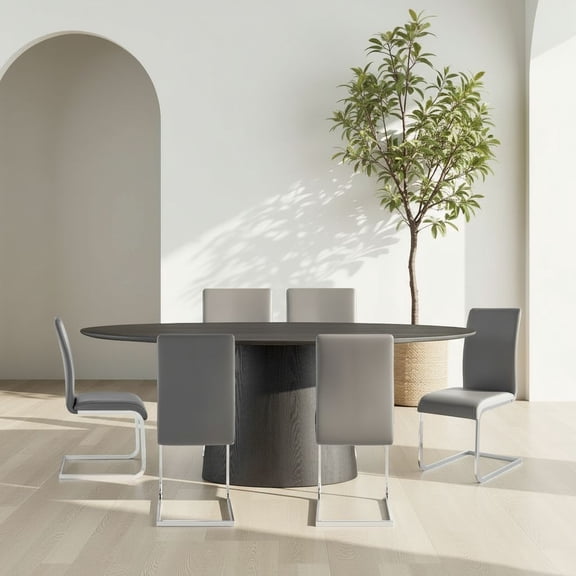 Amanda Contemporary Side Chair in Gray Faux Leather and Chrome Finish - Set of 6