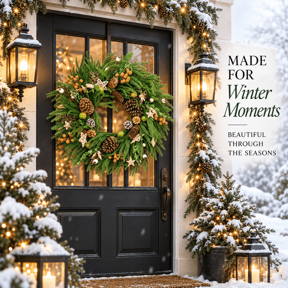 24 Inch Artificial Norfolk Pine Christmas Wreath with Pinecones, Green Berries and Woven Star Ornaments, Natural Woodland Holiday Door Decor