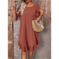 thumbnail image 7 of Solid Puff Sleeve Ruffle Hem Smock Round Neck Loose Ruched Beach Short Dress Embroidered Red L, 7 of 7