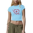 thumbnail image 1 of TSADFHJI Chandails en Molleton pour Femmes Coton Manches Courtes Mode Décontractée Imprimé Col Rond Manches Courtes Hauts Ajustés T-Shirts TTG Bleu, 1 of 4
