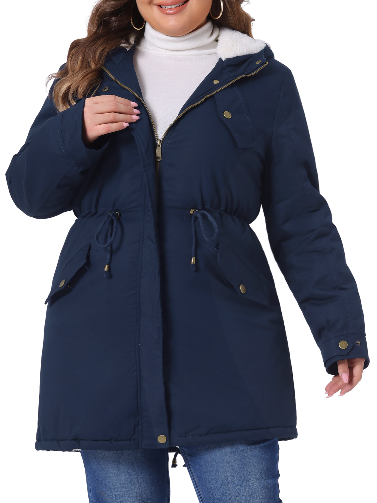 DARING DIVA Women's Plus Size Faux Fur Lined Long Anorak with Hood 1X Navy Blue