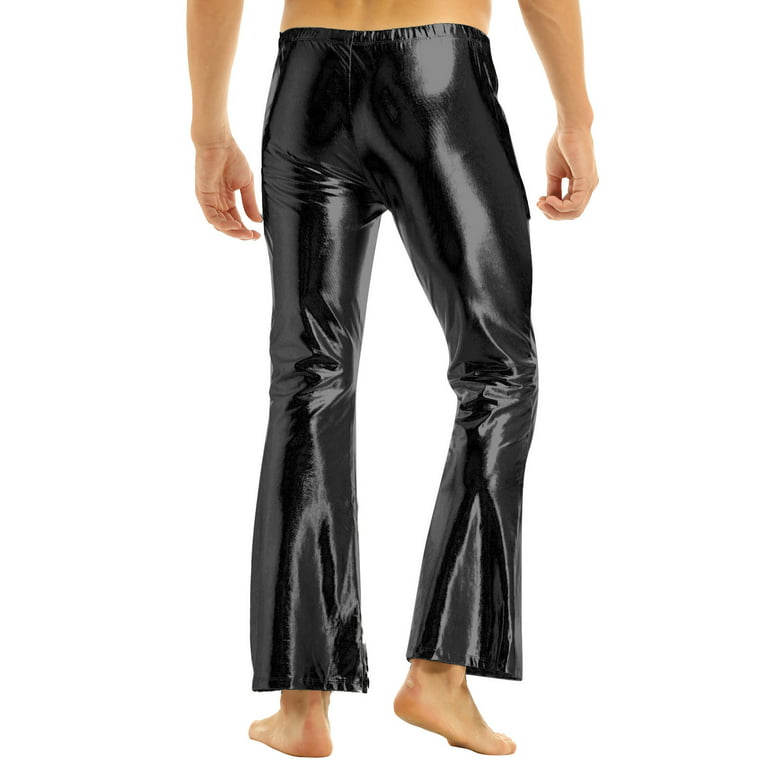 DPOIS Men's Leather Bell Bottom Disco Pants Flared Hippy Trousers Black  X-Large 