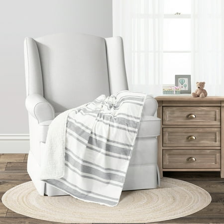 UPC: 0194938036078 | Lush Decor Farmhouse Stripe Soft Sherpa Blanket Gray Single 30X40