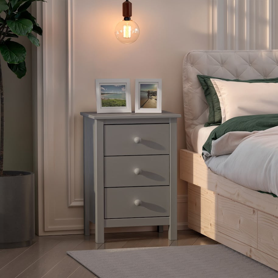 From the Tree Furniture Dorm Room Nightstand with Three Storage Drawers, Solid Pine Wood, Grey