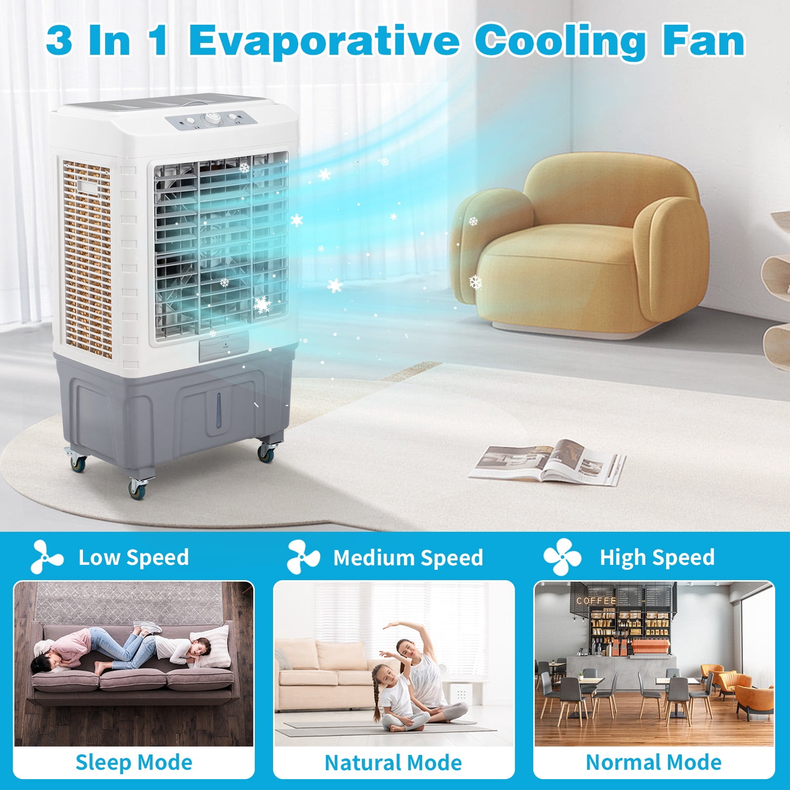13.2-Gal Portable Air Conditioner, 3-in-1 Evaporative Air Cooler with 3 Modes & 3 Speeds, Portable Cooling Fan with 4 Ice Boxes, Coverage 323 Square Feet, 4 Scroll Casters, White