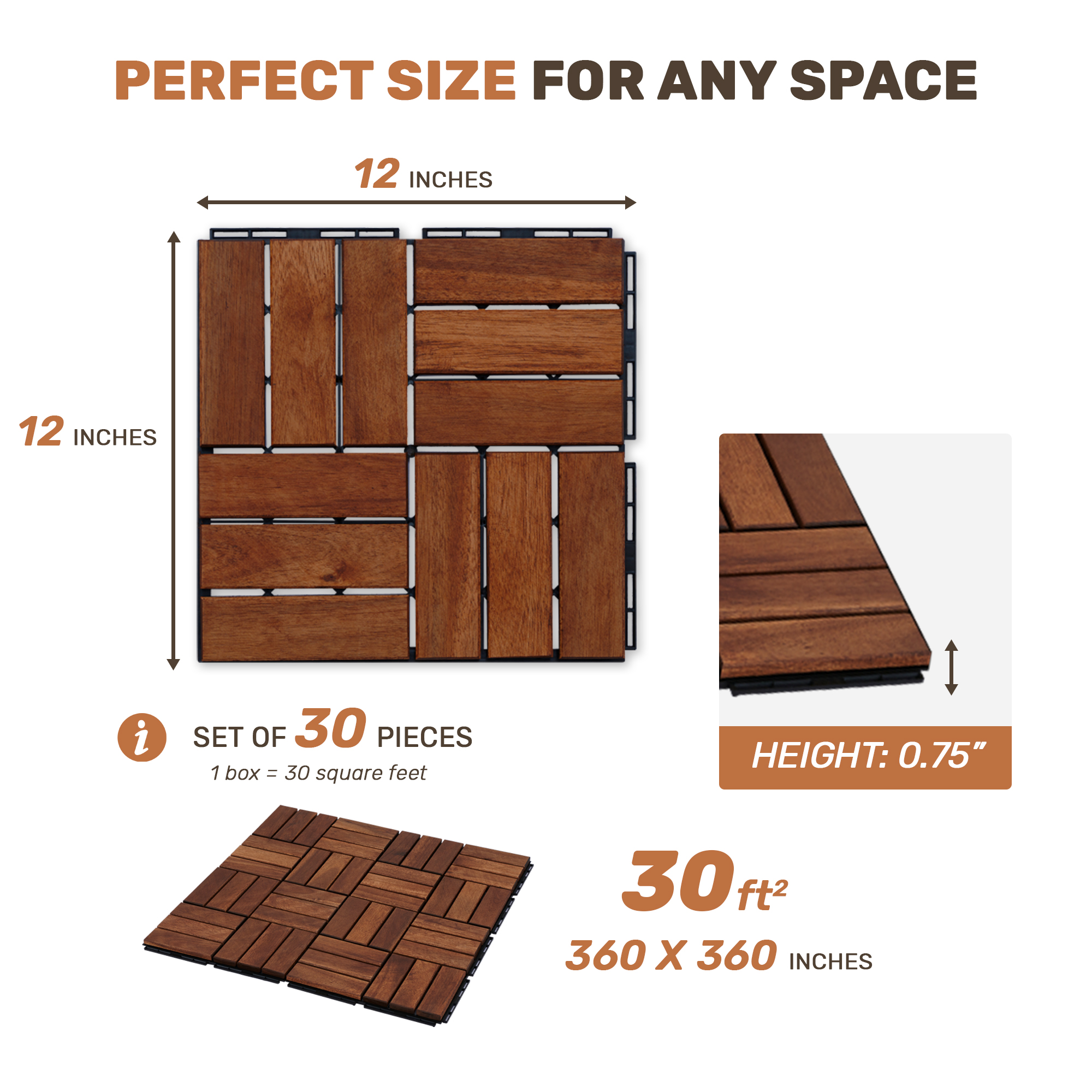 Acacia Wood Deck Tiles, 30 PCS 12x12 Inch Checker Interlocking Floor Tiles for Patio Garden Outdoor Space, Natural