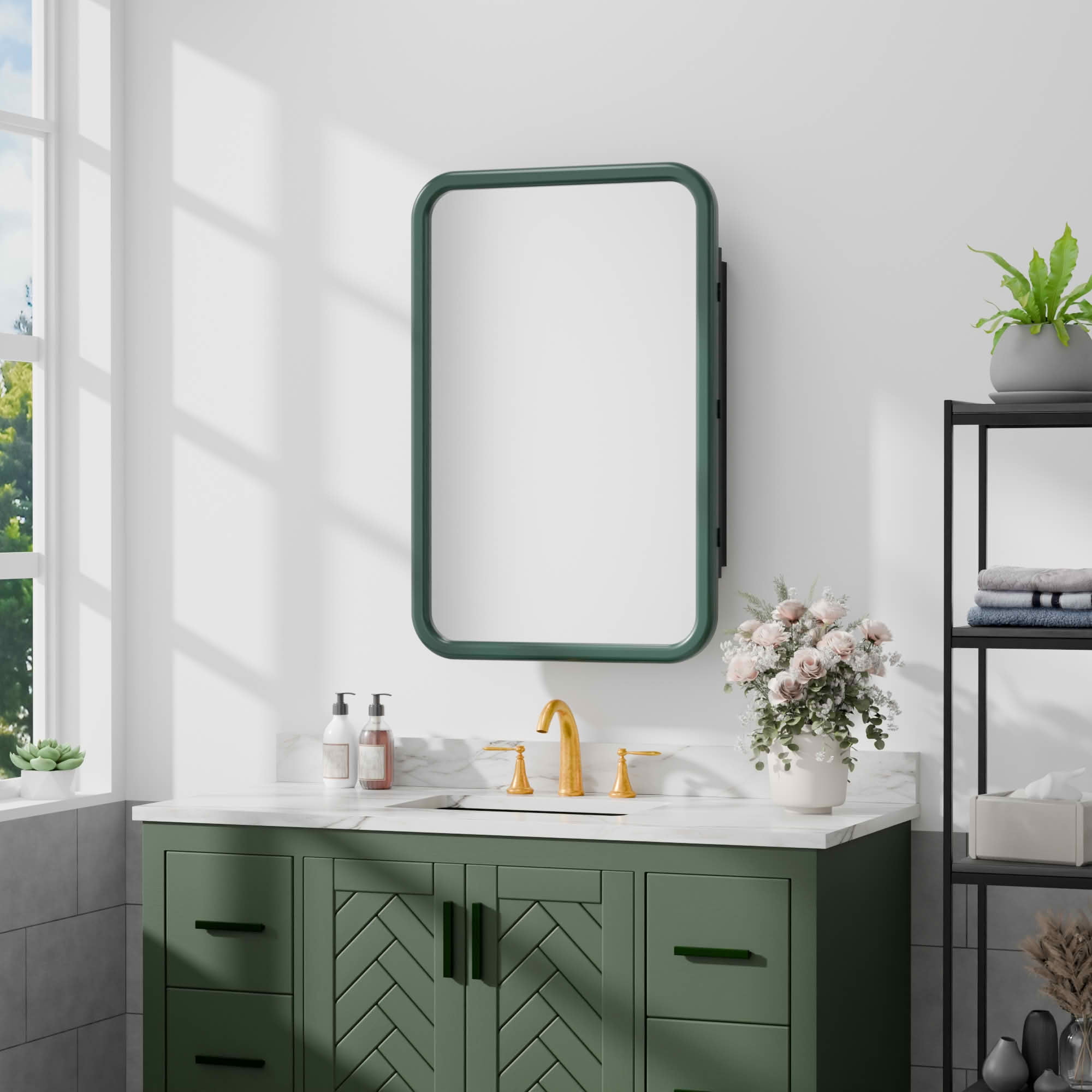 MAYEERTY 30x20x5 Inch Green Metal Round Corner Rectangular Medicine Cabinet for Bathroom