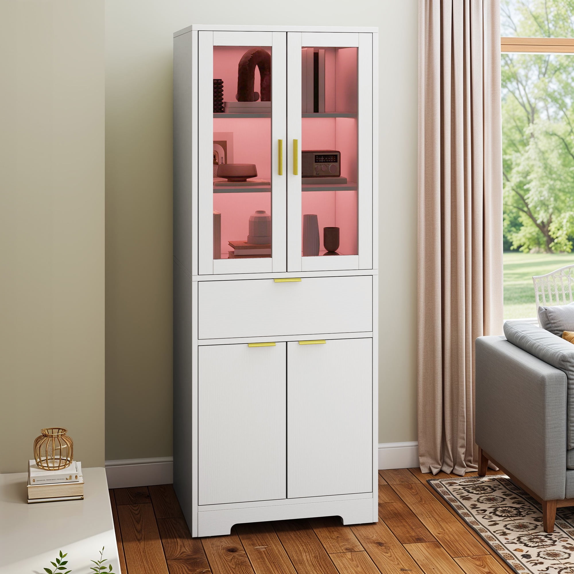 Uforic 65" Bookcase with Drawers & Doors, Tall Storage Cabinet with Adjustable Shelves, Display Bookshelves, White