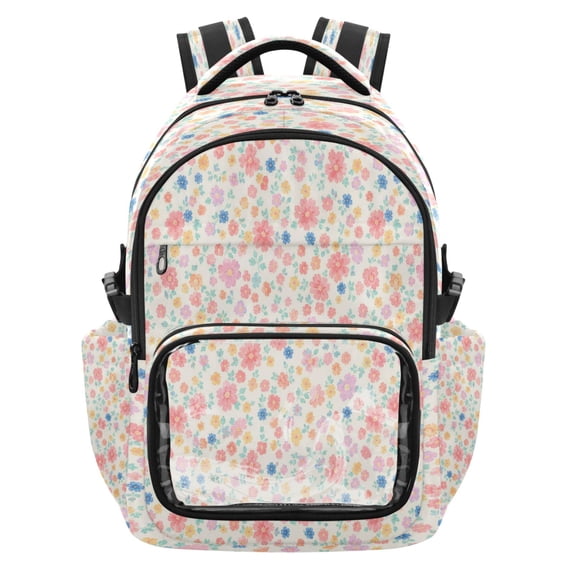 Qxltty Pastel Ditsy Floral Backpack School Bookbag with Clear PVC Front Pocket, Laptop Compartment, Water Resistant Travel Daypack for Students