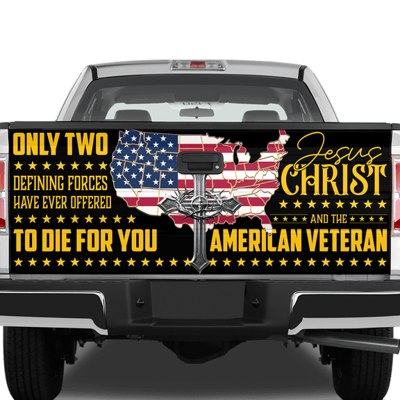 Lotusprinthandmade Jesus Christ and The America Veteran Tailgate Wrap 2 Sizes (24"x58")
