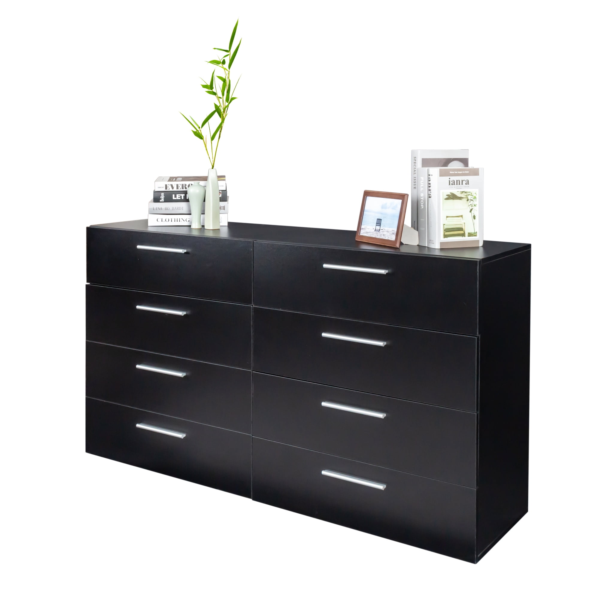 Ktaxon Bedroom Dresser with 8 Drawers, Wooden Double Dresser for Entryway, Wide Storage Cabinet for Living Room, Black