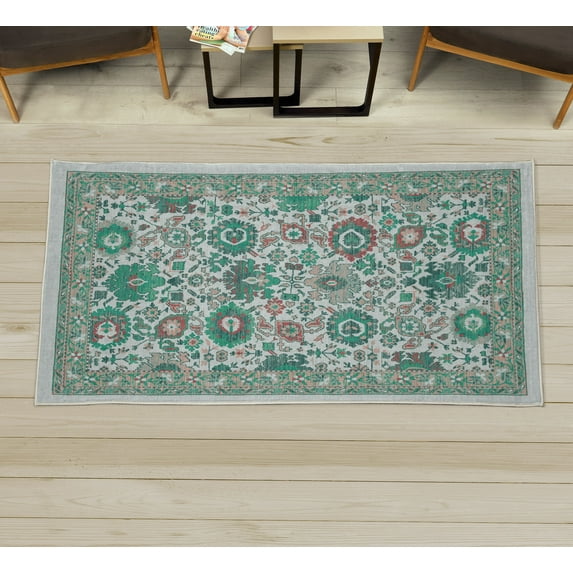 Vintage Decorative Rug, Folk Floral Motifs Nostalgic Swirls and Shapes in Earthy Tones Art, Quality Carpet for Bedroom Dorm and Living Room, 6 Sizes, Shamrock Green, by Ambesonne