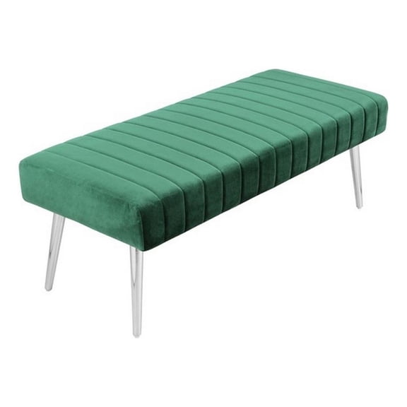 Benjara Lida 45" Bench- Modern Tufted Lines- Green Soft Velvet- Chrome Metal
