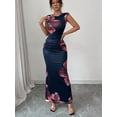 thumbnail image 6 of Women Floral Print Ruched Bodycon Dress Elegant Crew Neck Sleeveless Maxi Dresses Navy Blue M, 6 of 9
