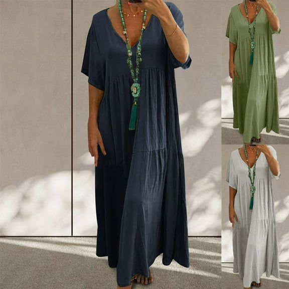 safuny Women's Tea Length Loose Cotton Dress Solid Color Short Sleeve V Neck Elegant Casual Tiered Daily Comfy Trendy Dresses Holiday Army Green S