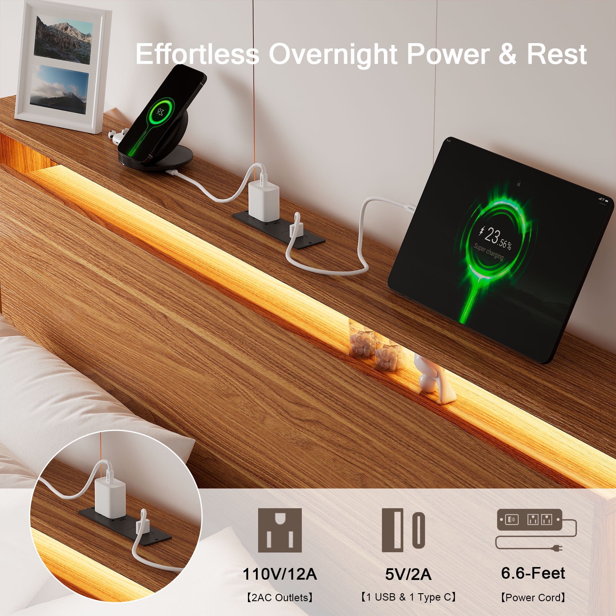 Einhomn Full Size Floating Bed Frame with  LED Lights & Charging Station,Wood Platform Bed Frame with Storage Headboard,Noise Free,No Box Spring Needed,Easy to Assemble-Walnut