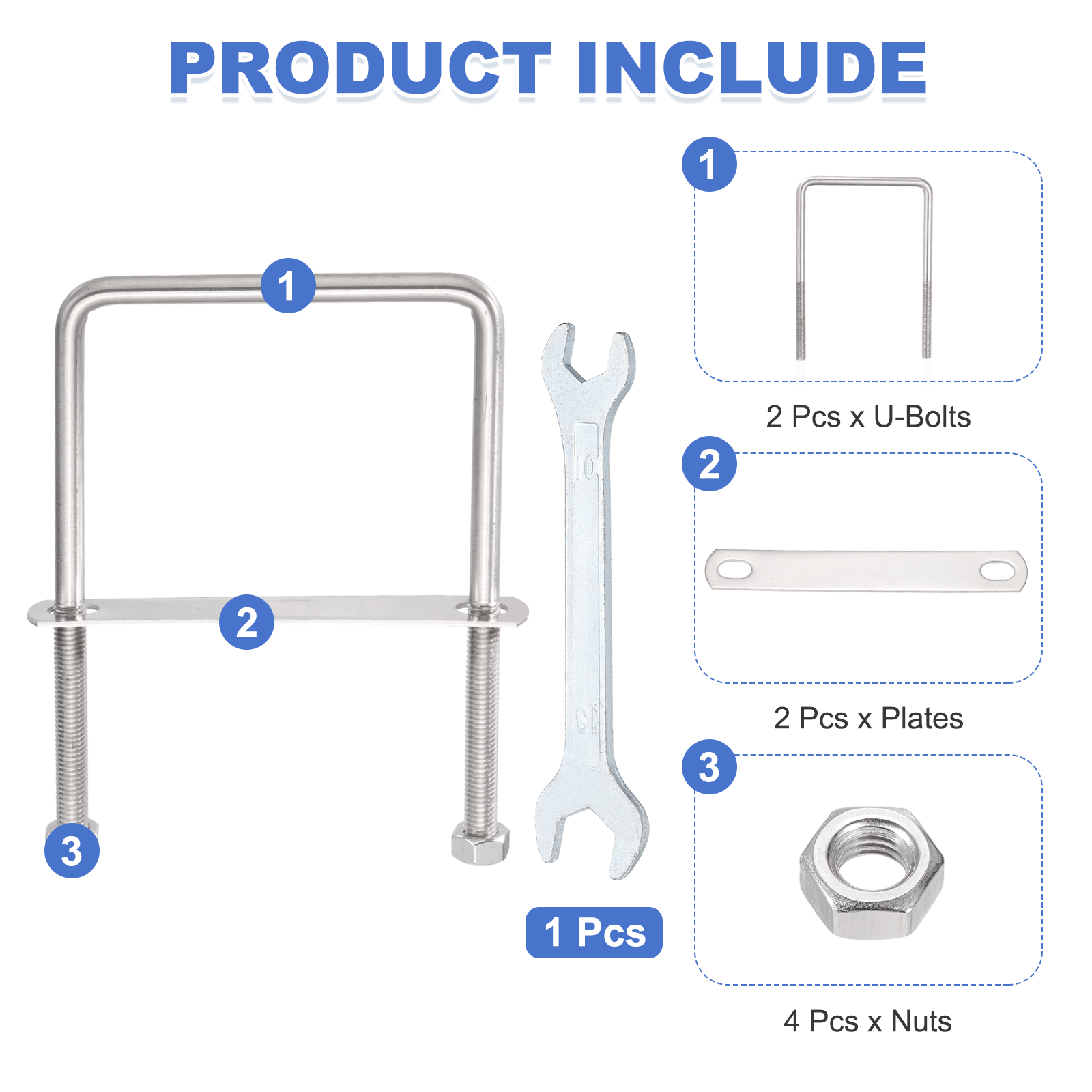 Uxcell 2 Sets M10 Square U-Bolts, 4.41" Inner Width 5.31" Length 304 Stainless Steel U Clamp Bolts with Nuts, Plates and Wrench