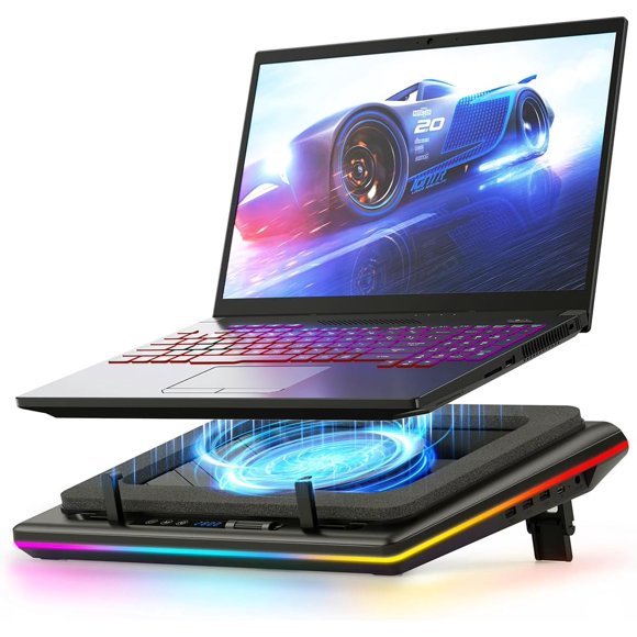 llano V12 RGB Laptop Cooling Pad with Powerful Turbofan Gaming Cooler Radiator with Infinitely Variable Speed, Touch Control, LCD Screen, 3-Port USB Hub, Seal Foam for Notebook Computer 15-19in