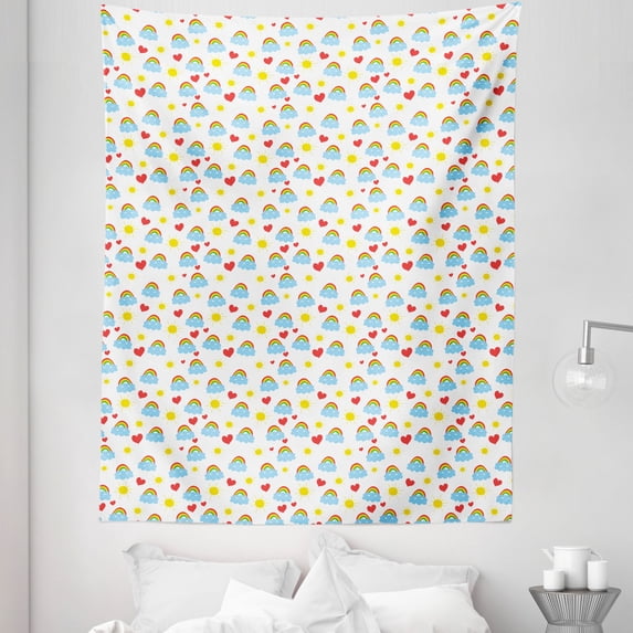 Cartoon Tapestry, Smiling Clouds Rainbows Sun Pattern, Fabric Wall Hanging Decor for Bedroom Living Room Dorm, 5 Sizes, White Multicolor, by Ambesonne