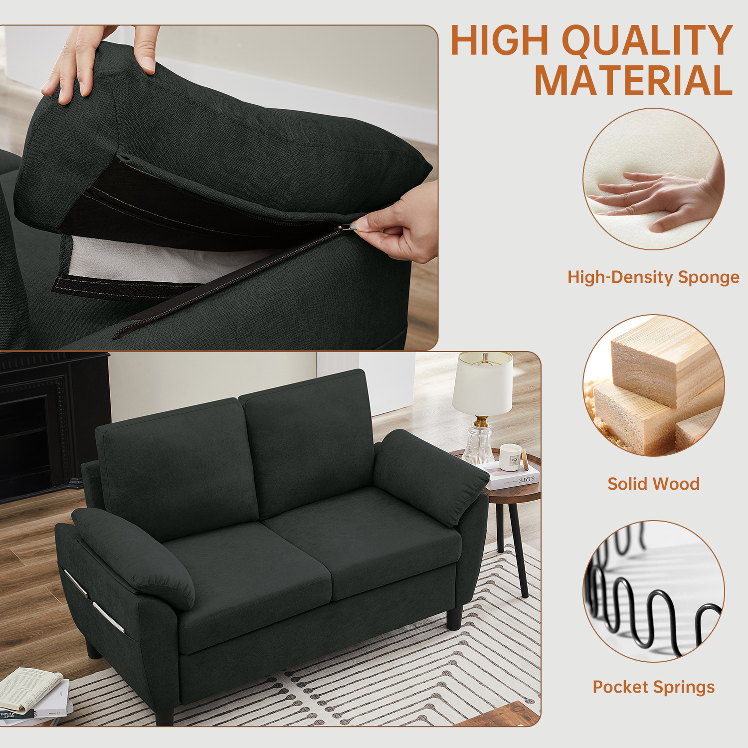Soscana Loveseat with Storage Side Pockets, 2 Seat Sofa Love Seat Small Couch for Living Room Bedroom Apartment Office Studio,Black